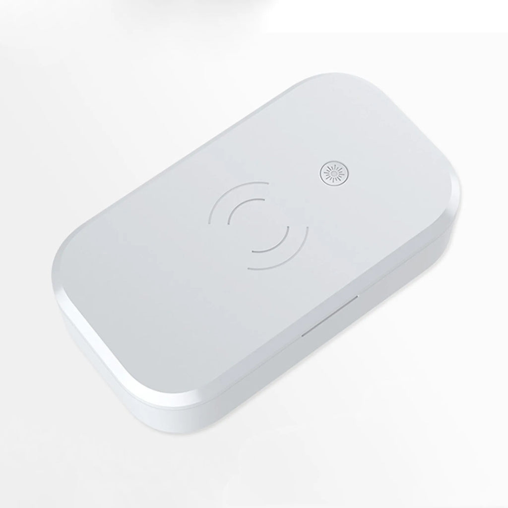A white ultraviolet disinfection box for sanitising nail art tools and mobile phones, featuring wireless charging.