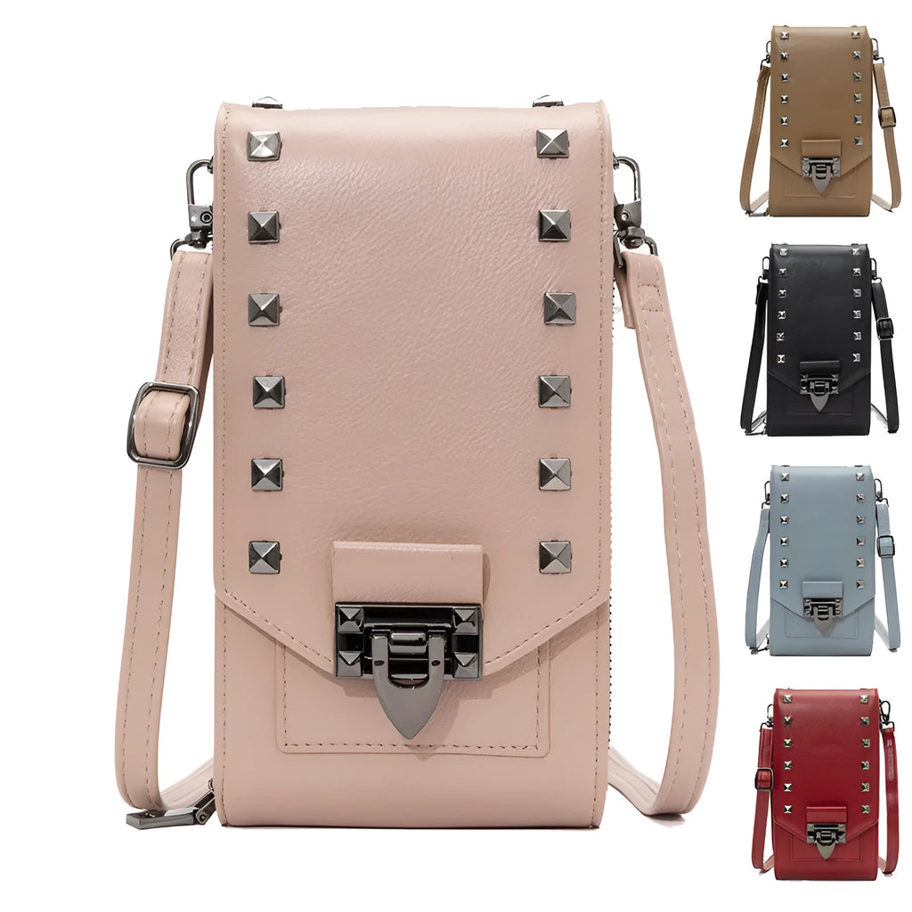 Rivet design solid colour PU leather crossbody bag for women, vertical square shape with cover closure and card slot