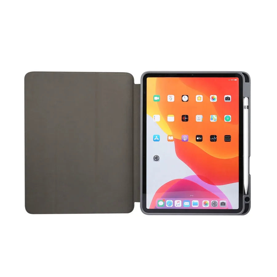 Tri-fold marbling imitation leather iPad case in dark grey with a built-in slot for an Apple Pencil.