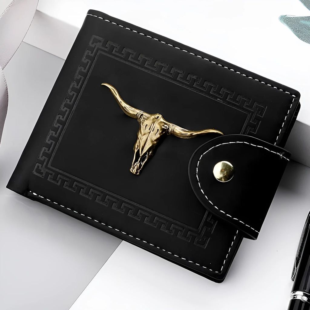 Black men's short wallet with animal print, showing zipper closure and multiple card slots.