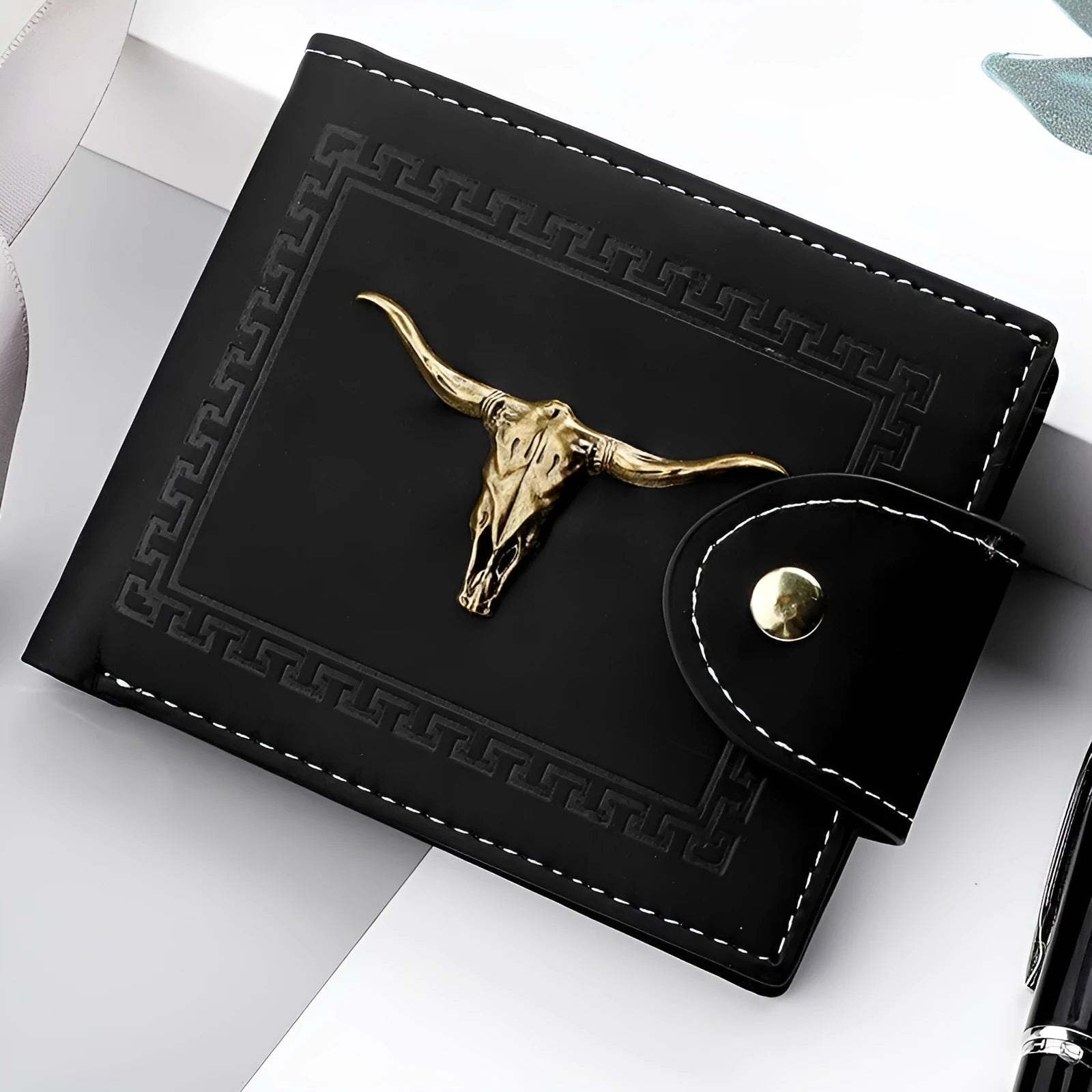 Black men's short wallet with animal print, showing zipper closure and multiple card slots.