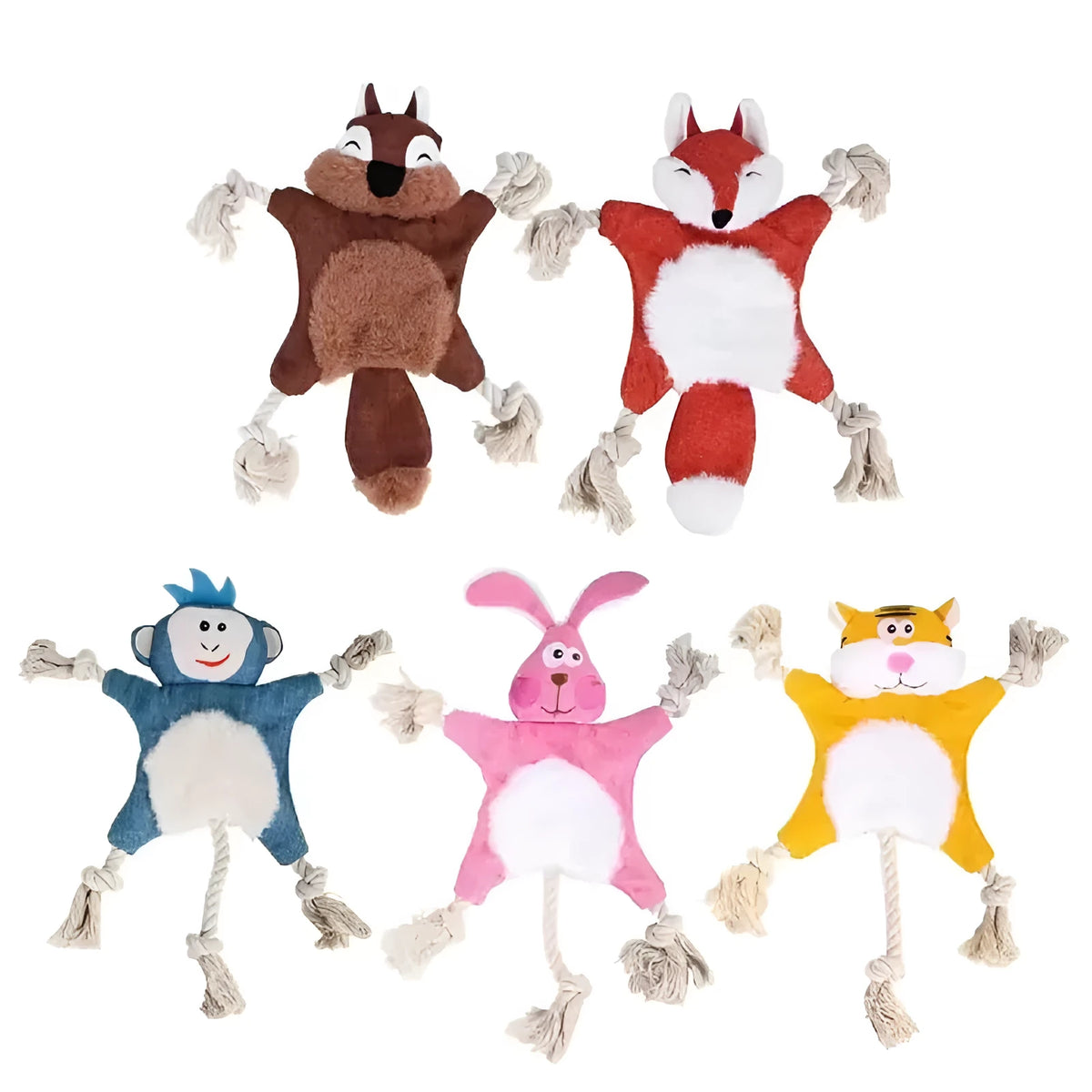 Set of six plush dog toys shaped like fox, squirrel, koala, monkey, rabbit, and tiger with squeakers