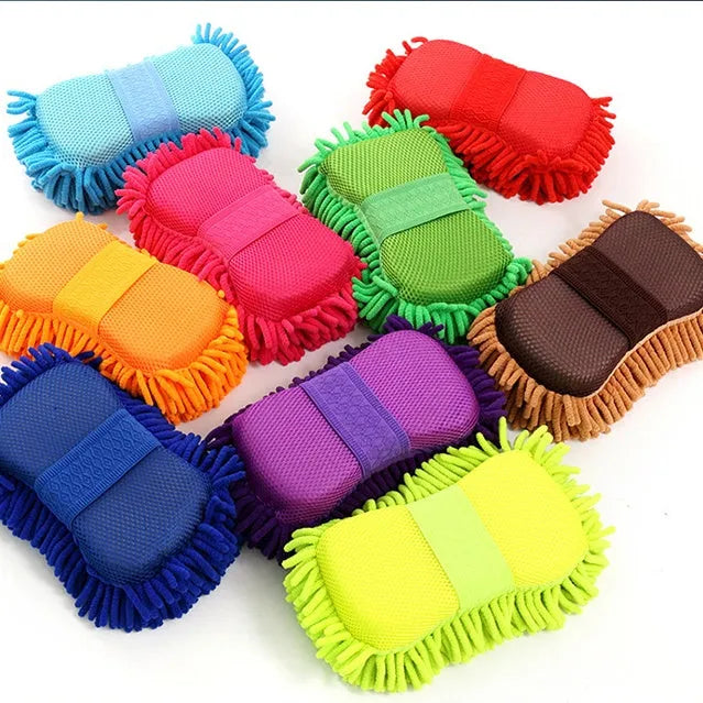Silver green chenille car wash sponge measuring 14 by 25 centimetres for vehicle cleaning