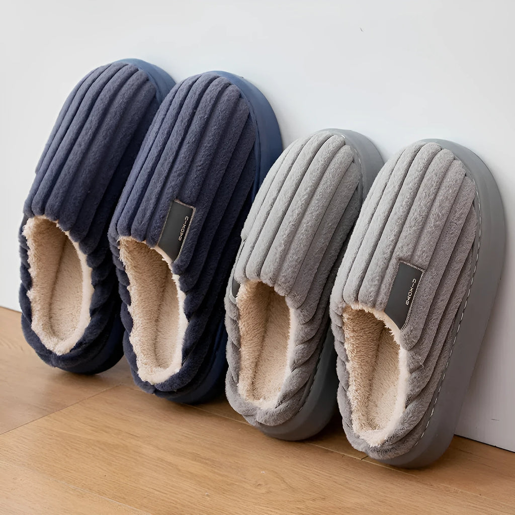 Warm plus-size men's casual slippers with plush upper in striped pattern, available in multiple colours