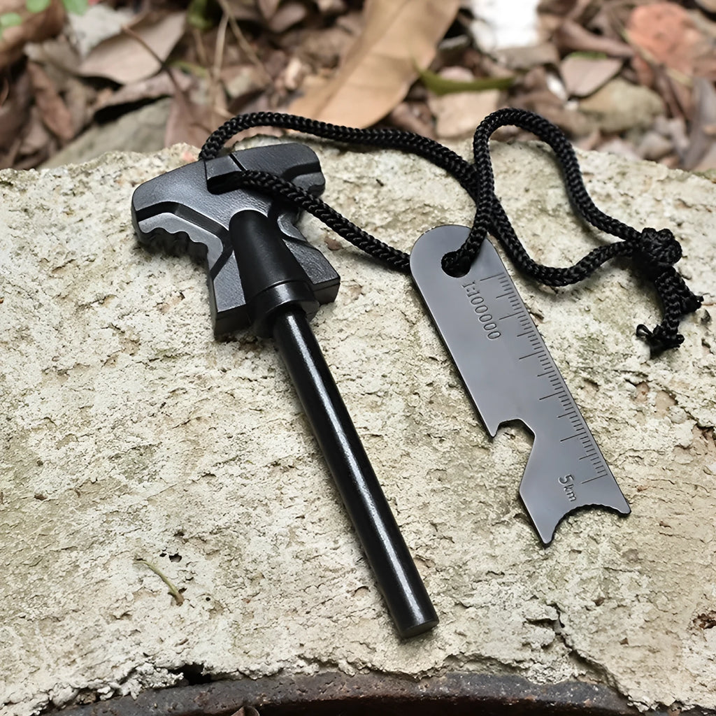 Butterfly-shaped metal fire starter tool with bottle opener, shown with dimensions 117mm by 43mm.