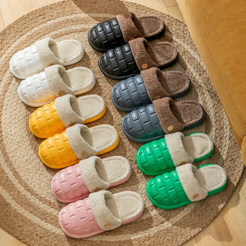 Women's detachable plaid EVA slippers with plush lining in multiple colours.