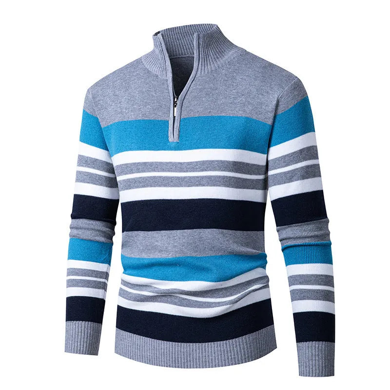 Casual men's half-turtleneck zip-up sweater in cotton blend, light gray colour, loose fit one size