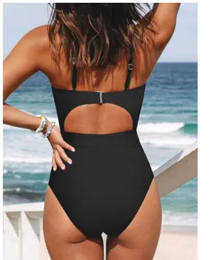 Women's black cross-back one-piece swimsuit with European/American style backless design