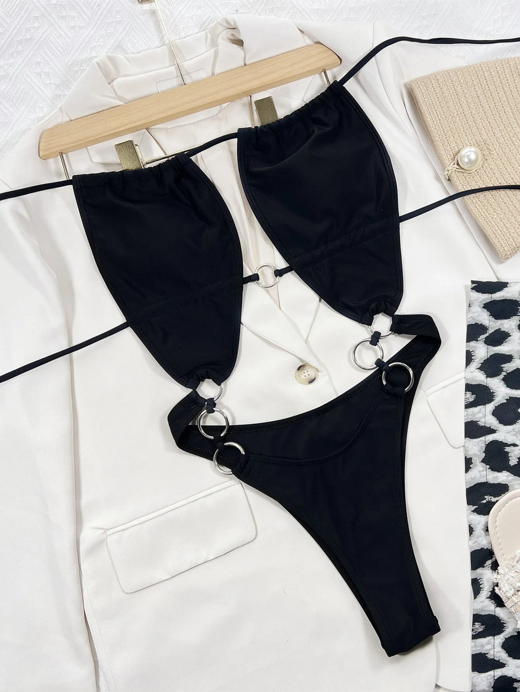 Steel Ring black solid colour women's one-piece sleeveless swimsuit