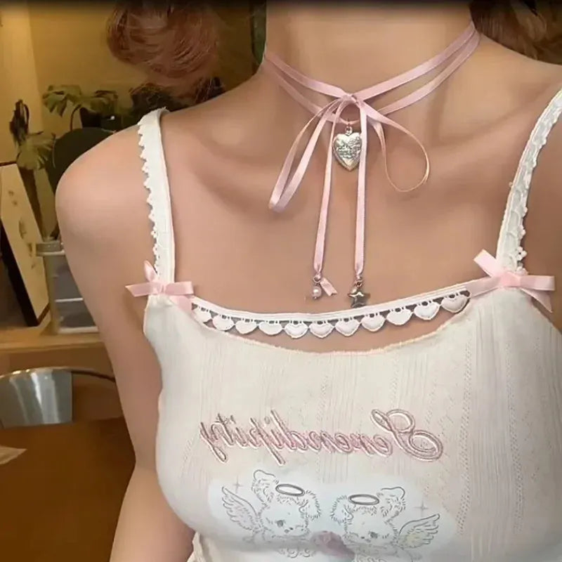 Women's alloy necklace with ribbon love pendant and electroplated finish on clavicle chain