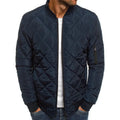 Men's solid colour winter coat with stand collar, zipper front, and rhombus sewing design on a hanger