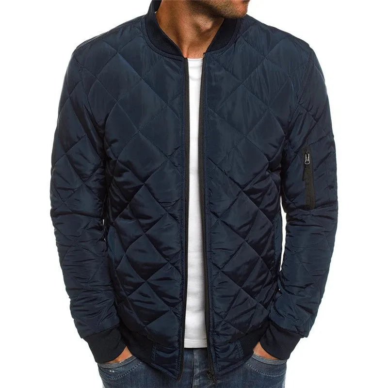 Men's solid colour winter coat with stand collar, zipper front, and rhombus sewing design on a hanger
