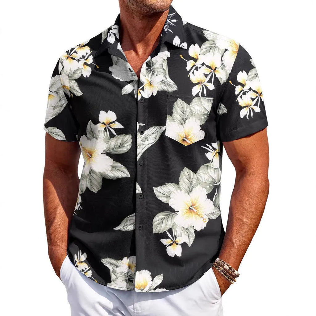 Man wearing a slim-fit short sleeve Hawaiian shirt in a cardigan style, available in various colours.