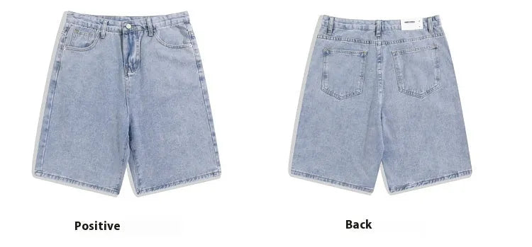 Men's light blue denim shorts with a straight leg and zip fly, laid flat.