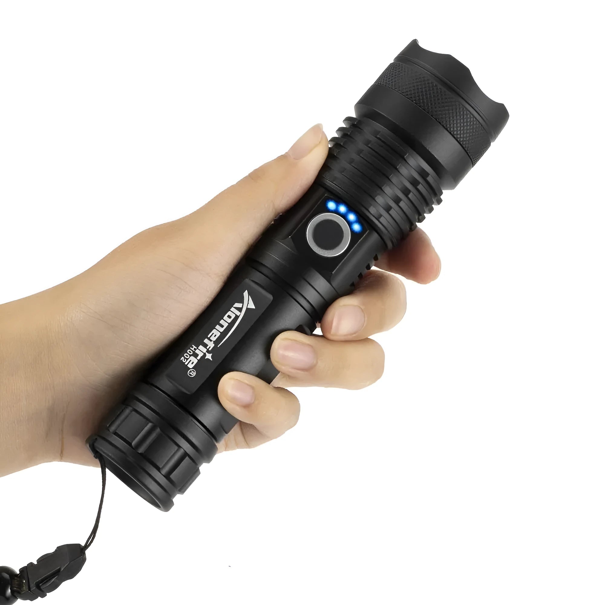 Black aluminium alloy rechargeable LED flashlight with zoom lens on grey background