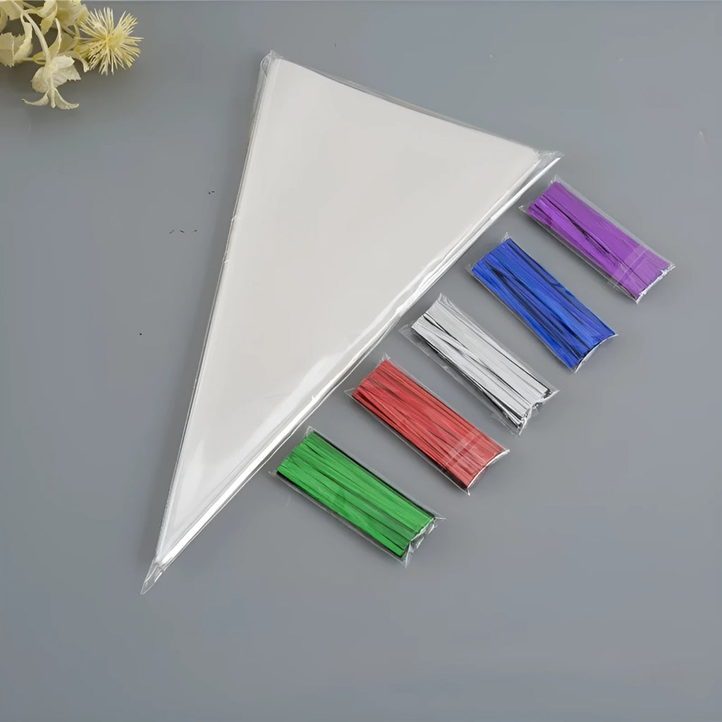 OPP triangle plastic packaging bag with integrated tie wire closure in three size options