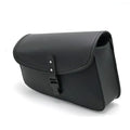 Black PU leather motorcycle swingarm storage bag mounted on Harley-Davidson Sportster showing 30x24x20cm dimensions