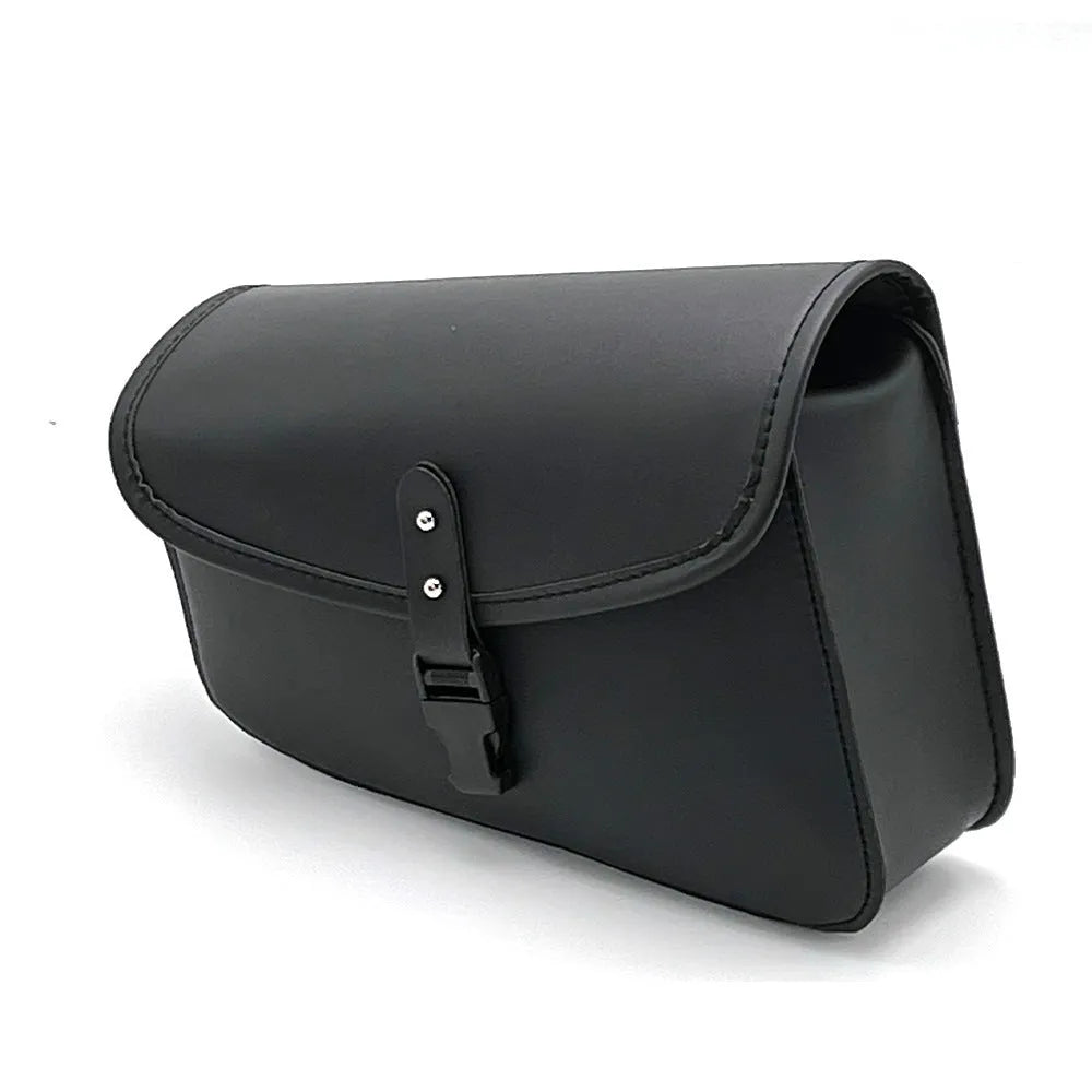 Black PU leather motorcycle swingarm storage bag mounted on Harley-Davidson Sportster showing 30x24x20cm dimensions