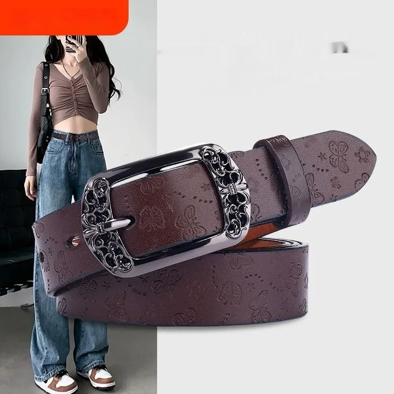 Thin black PU leather women's belt with alloy buckle on jeans