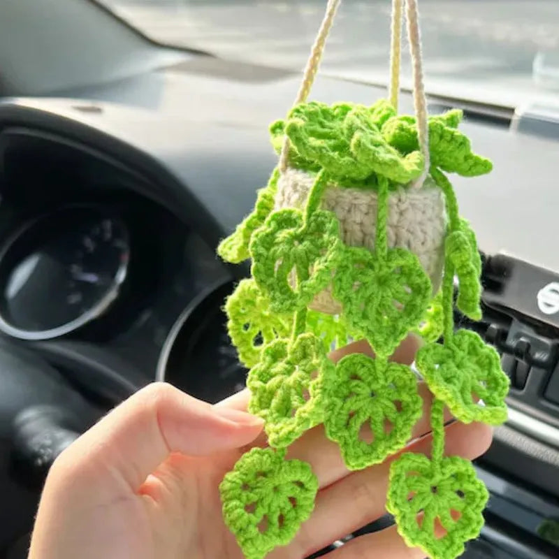 Knitted wool car plant decoration with green and white pattern, 8cm basin and hanging cord