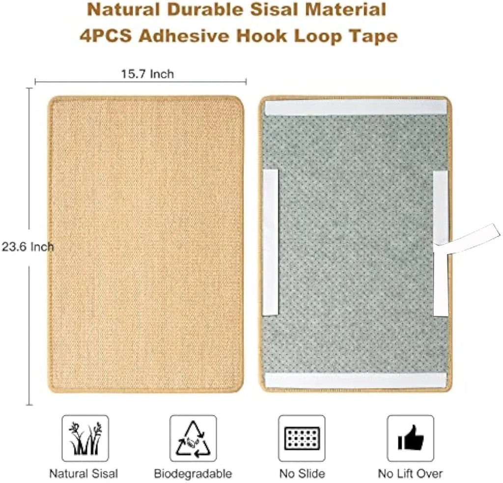 Natural sisal cat scratch pad with adhesive hook and loop tape for indoor cats, 23.6x15.7 inch standard size