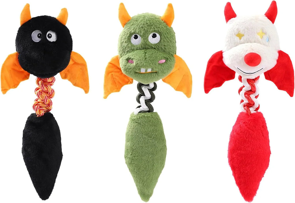Large black plush dog toy with a rope knot, showing cartoon shape and soft texture.