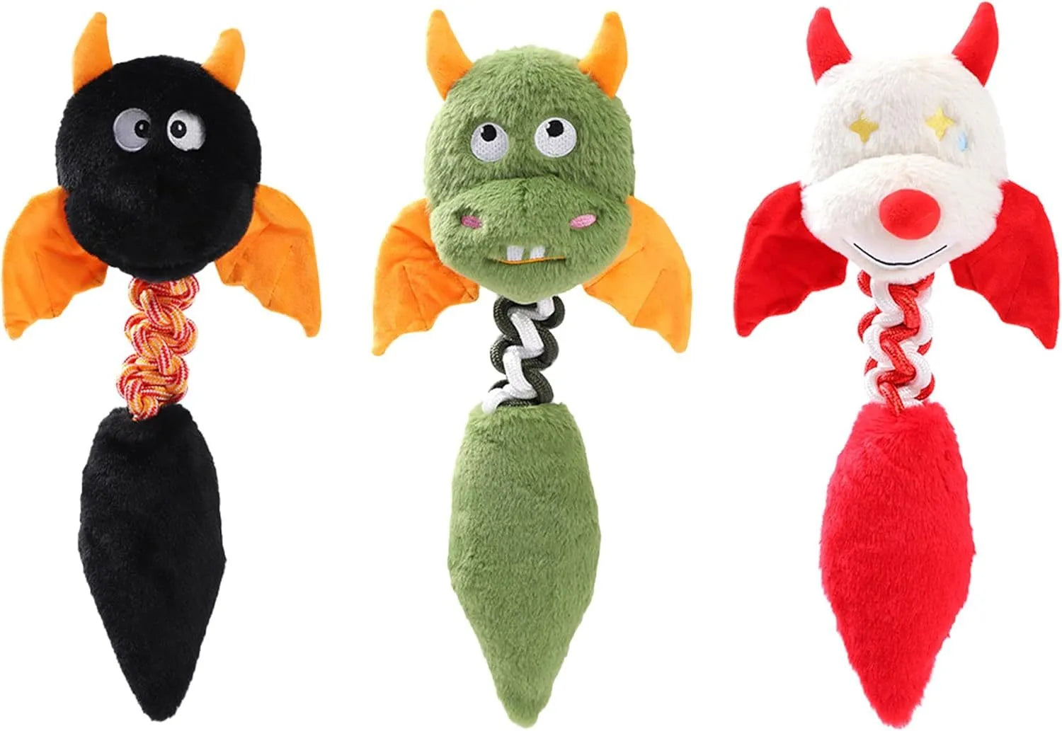 Large black plush dog toy with a rope knot, showing cartoon shape and soft texture.