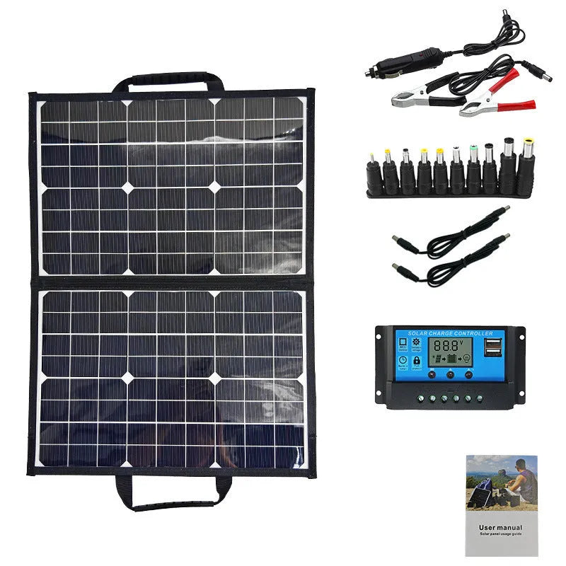Black folding bag containing 40W single crystal solar panel for outdoor charging