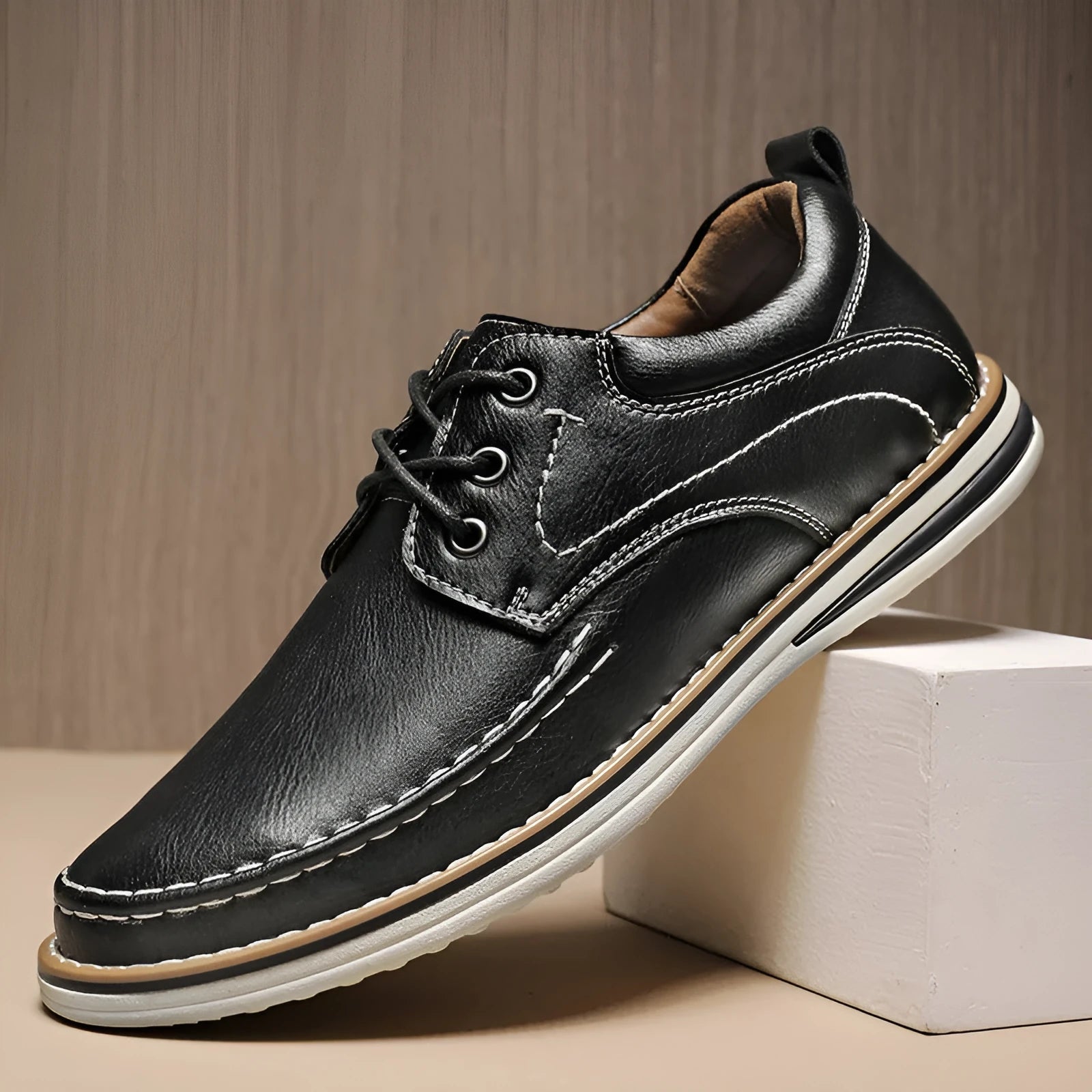 Men's black genuine leather casual lace-up shoes with round toe and low heel on a rubber sole