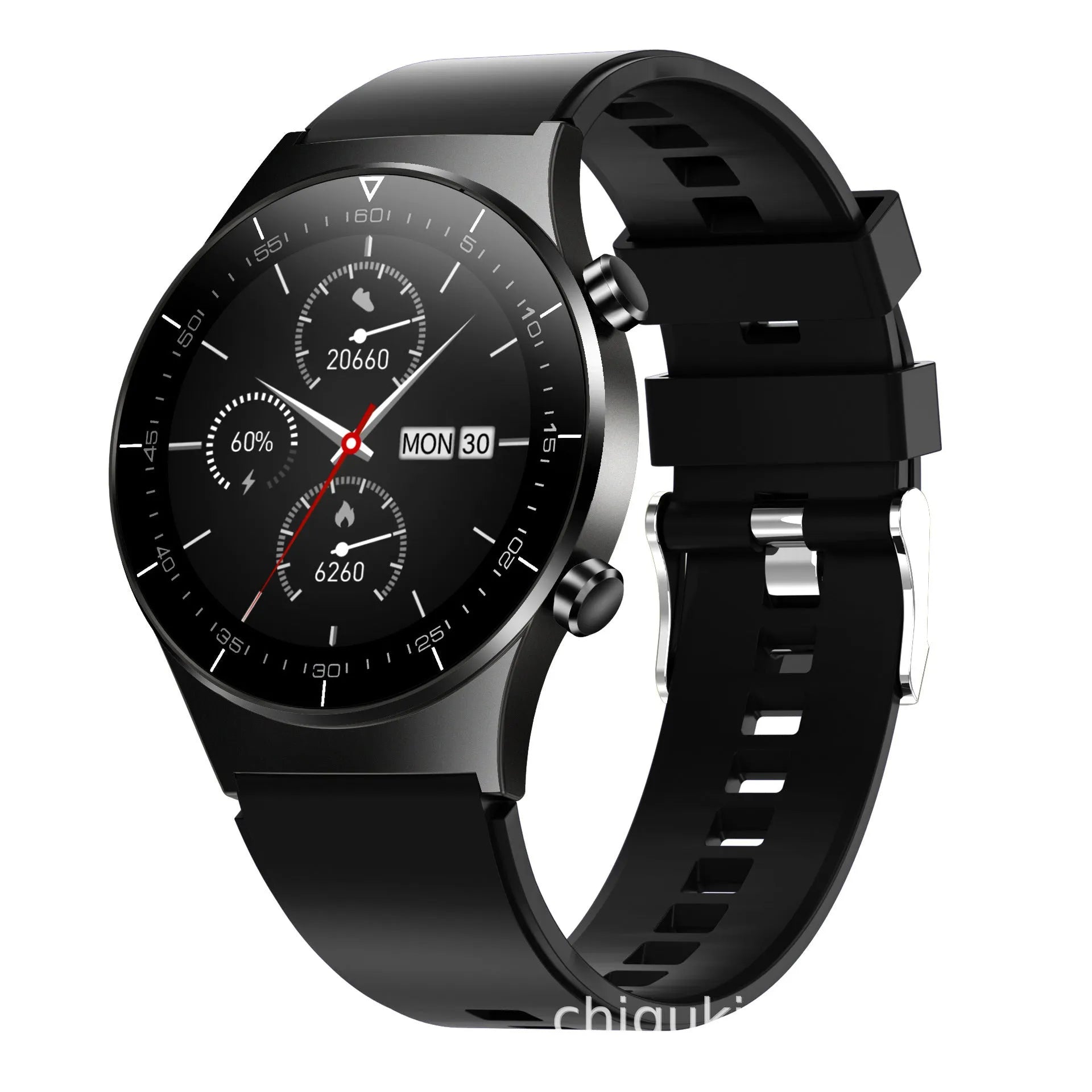 Black smart watch with TPU wristband showing heart rate monitoring on 1.28 inch touch screen