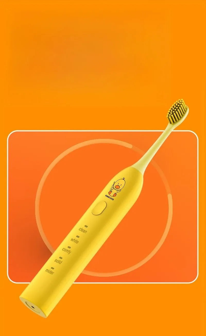 Yellow rechargeable electric toothbrush with small duck design and USB charging cable