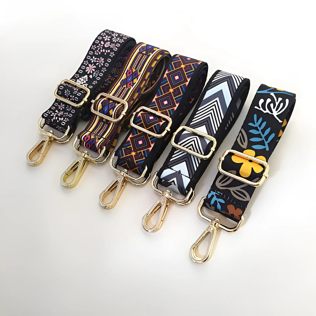 Colourful wide polyester cotton handbag shoulder strap with floral pattern and gold buckle