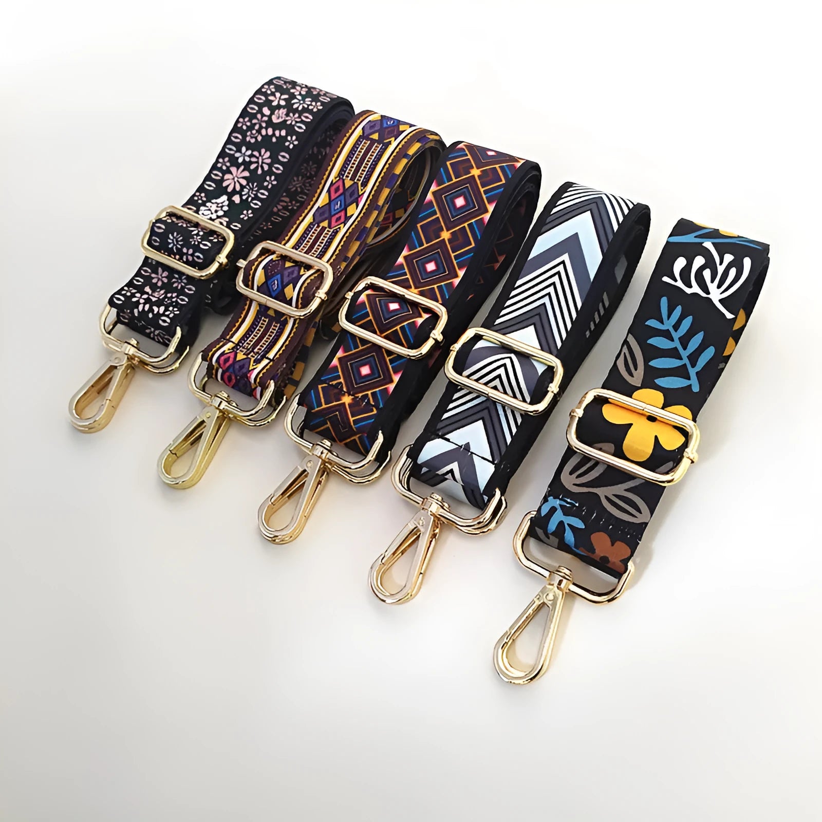 Colourful wide polyester cotton handbag shoulder strap with floral pattern and gold buckle