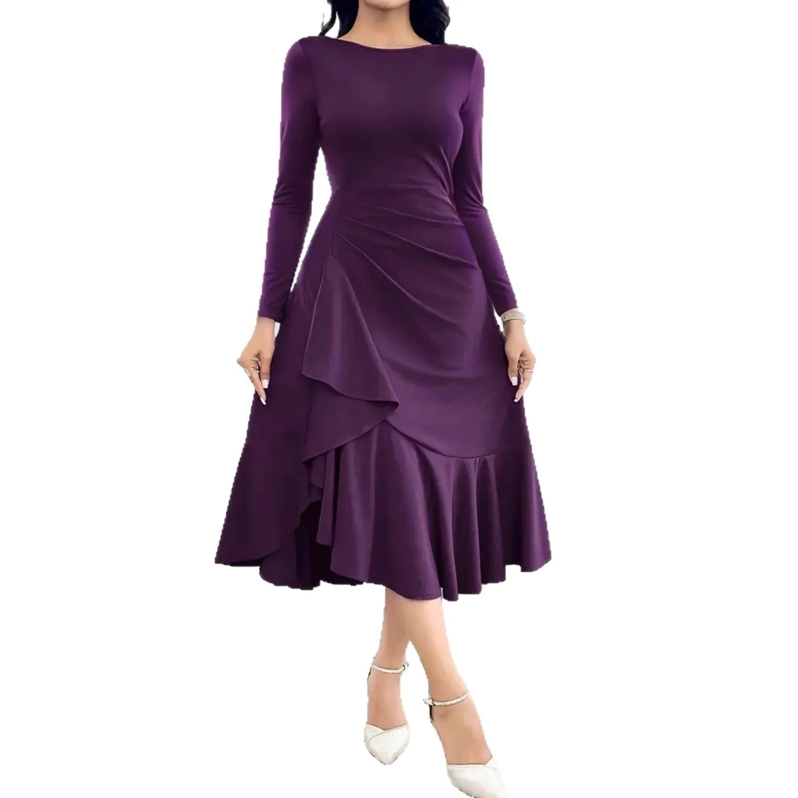 Purple women's long sleeve pullover dress with ruffles at the mid waist.