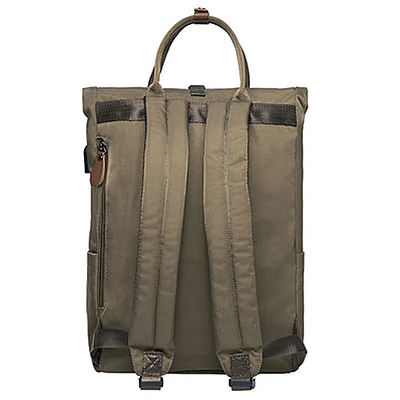 Casual black polyester backpack with cover flap open, showing interior laptop sleeve and zipper pocket.