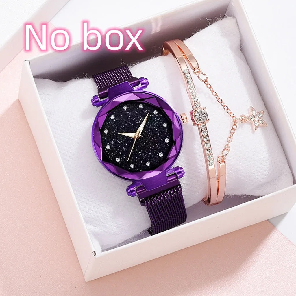 Women's alloy watch and bracelet set with starry sky dial, magnet buckle, and 33mm case