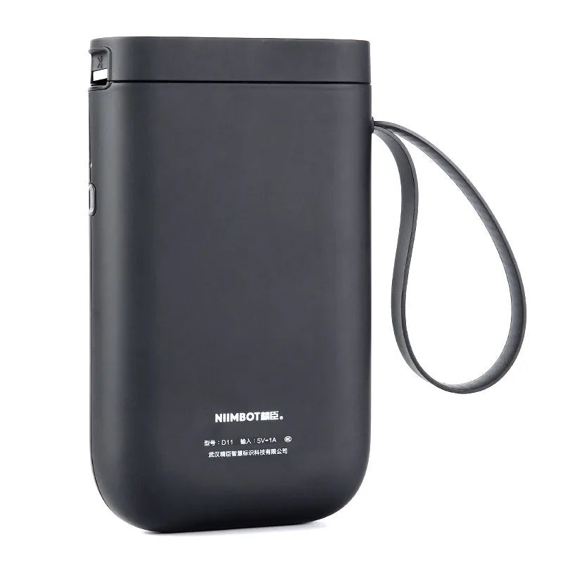 D11 Bluetooth thermal label printer in black, white, pink, or green, shown with smartphone app and printed labels.