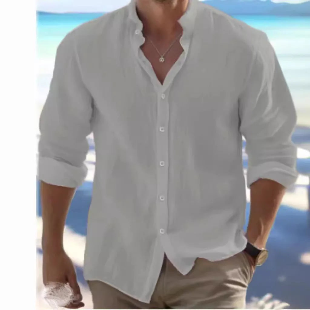 Man wearing a light blue long-staple cotton pullover collar summer shirt
