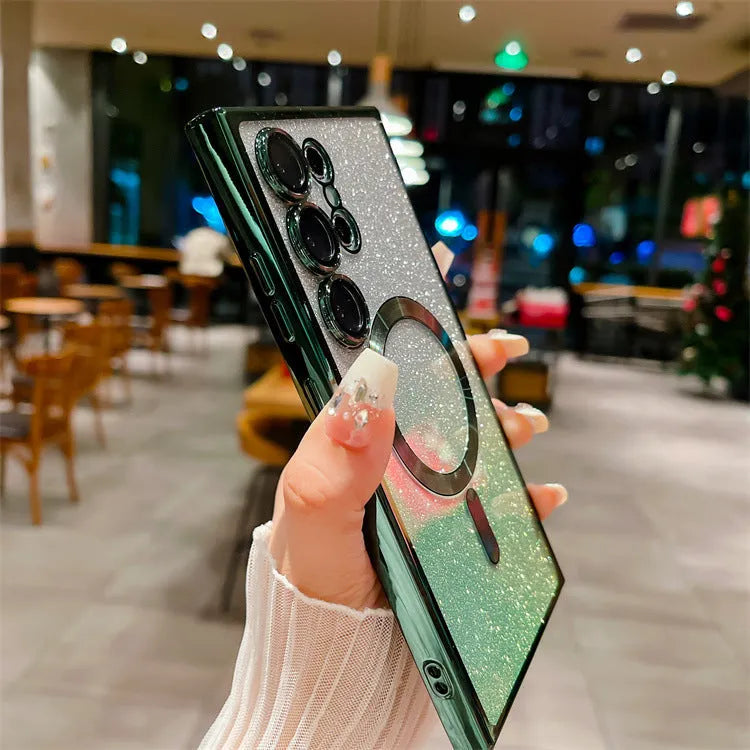 TPU magnetic gradient glitter phone case for Samsung S23 Ultra in gradient flash finish showing rainbow colours