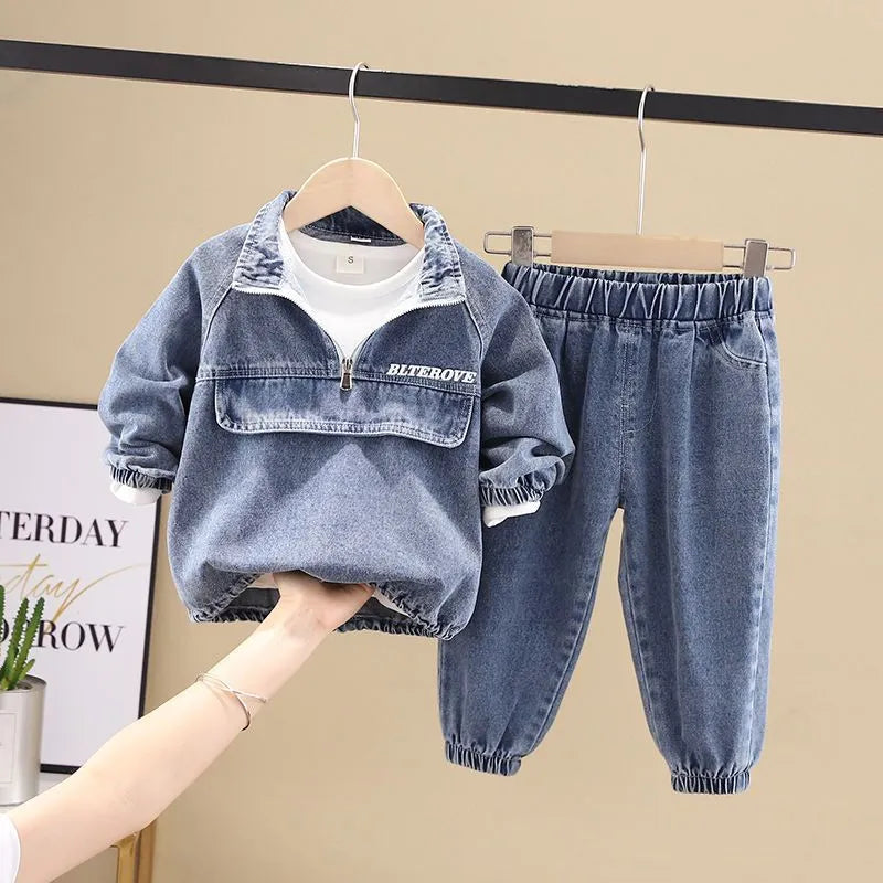 Boys' black and blue denim two-piece suit set with long sleeves, shown in Korean style.