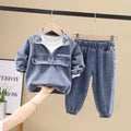 Boys' black and blue denim two-piece suit set with long sleeves, shown in Korean style.