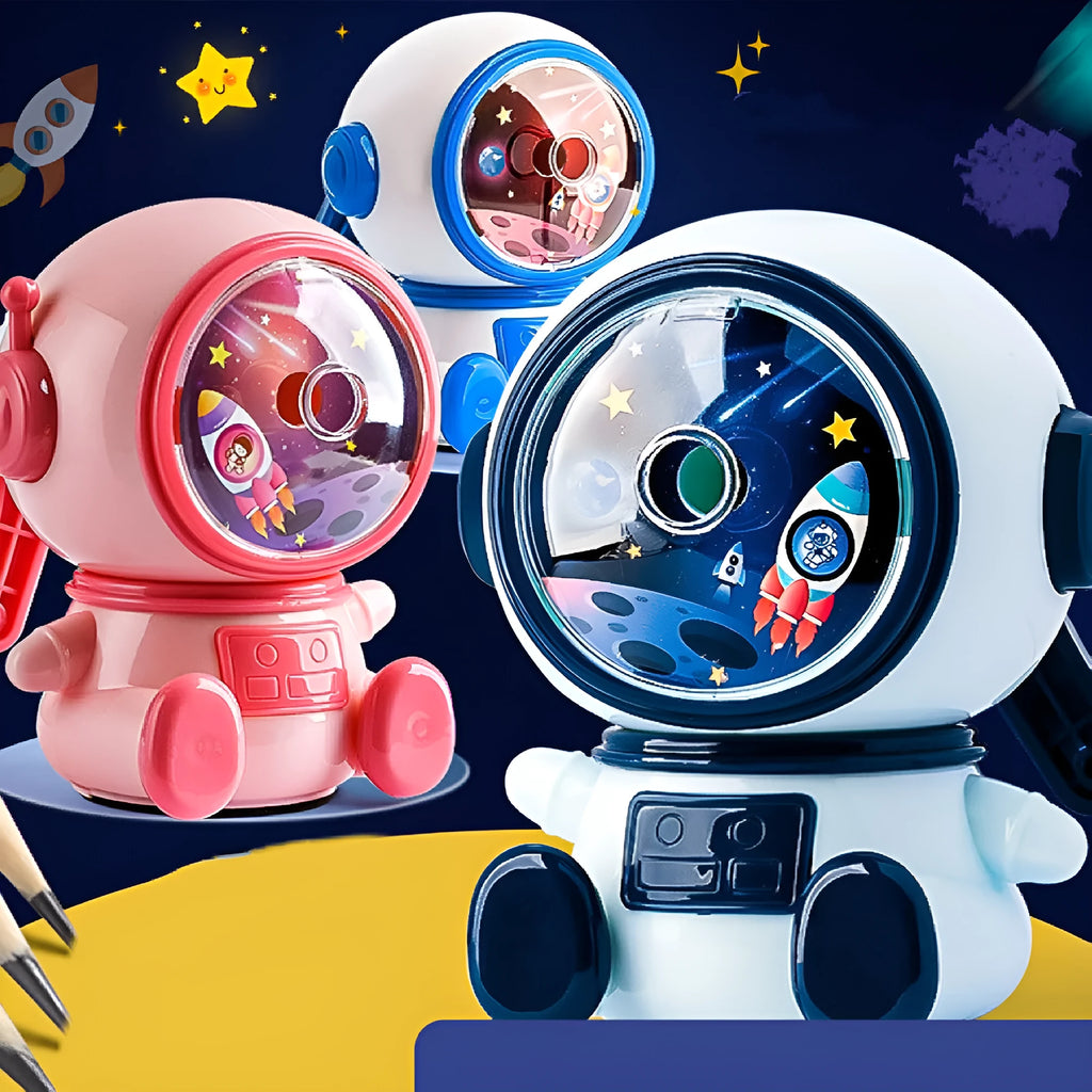 Blue astronaut themed manual pencil sharpener with anti-jam technology