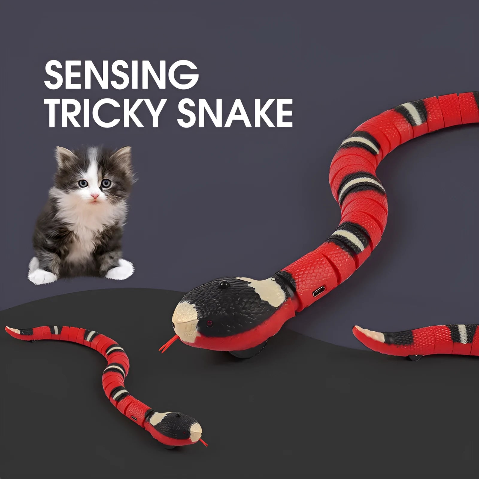 USB rechargeable automatic electronic snake cat toy with segmented plastic body on floor.