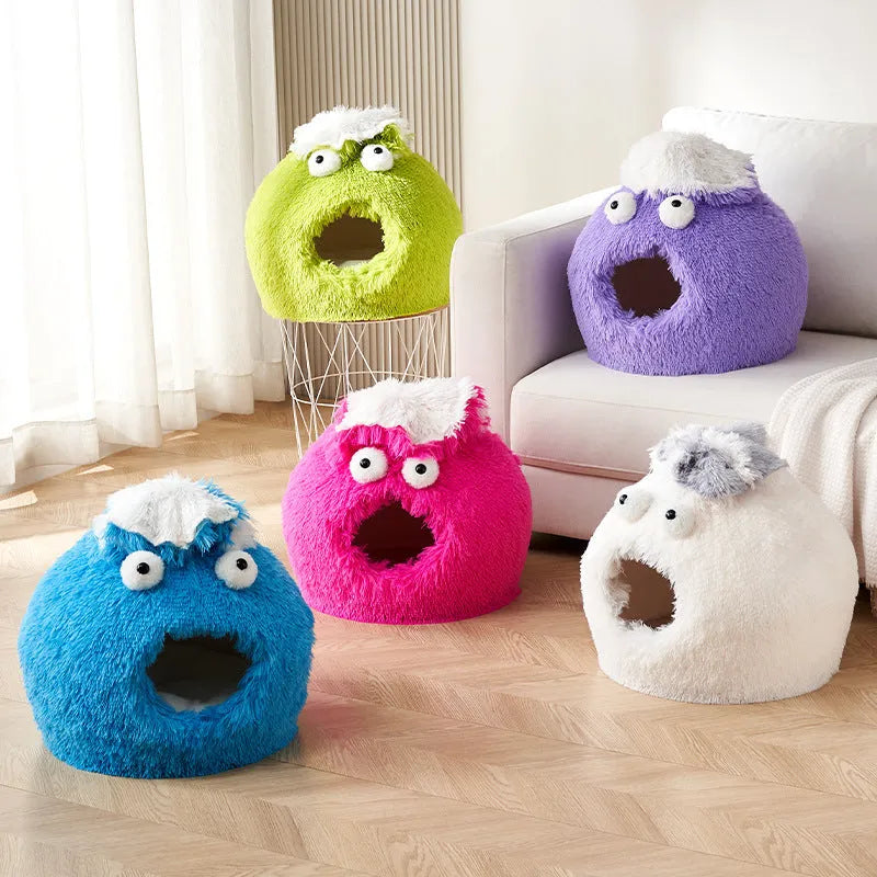 Blue closed cat bed nest made of soft plush fabric, 40x40x35cm, with small entrance for indoor cats