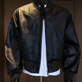 Men's black PU litchi leather jacket with extended 100cm length and tight business fit