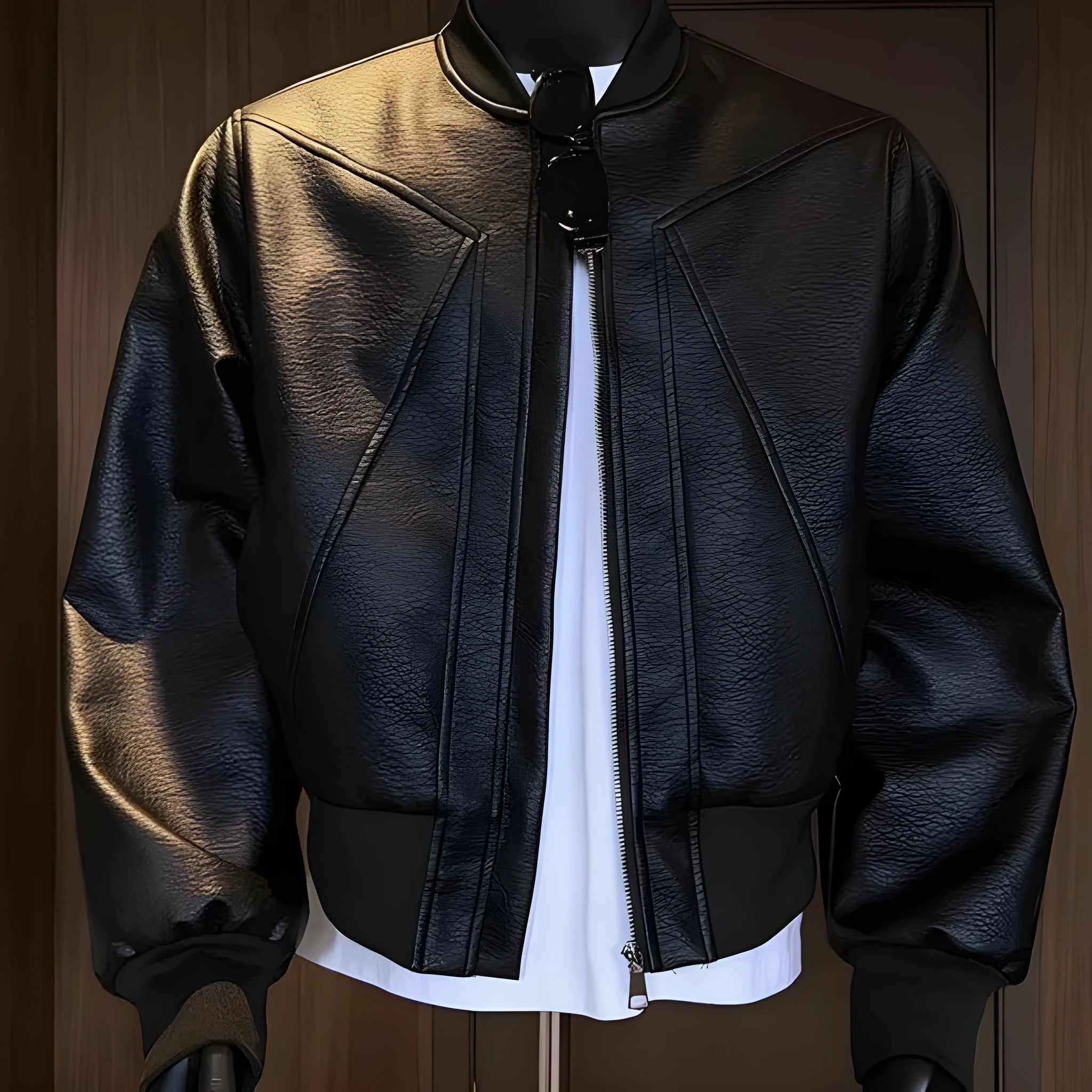 Men's black PU litchi leather jacket with extended 100cm length and tight business fit