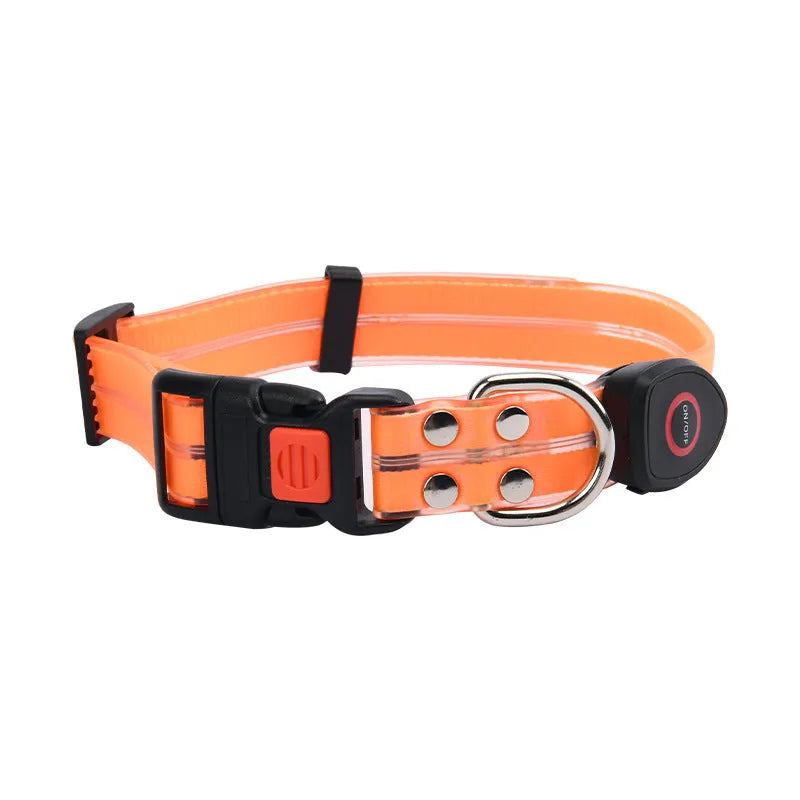 LED light-emitting pet collar and hand holding rope in orange for dog or cat visibility