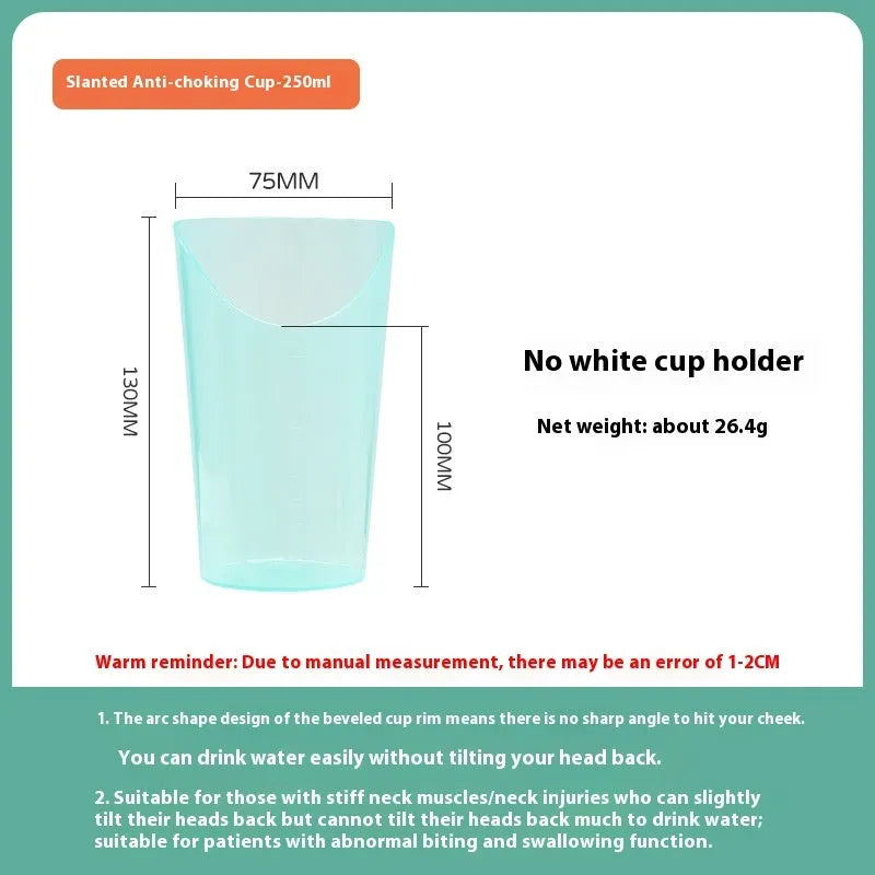 Bedside drinking cup with slanted mouth, handle, and optional wrist splint for adult care