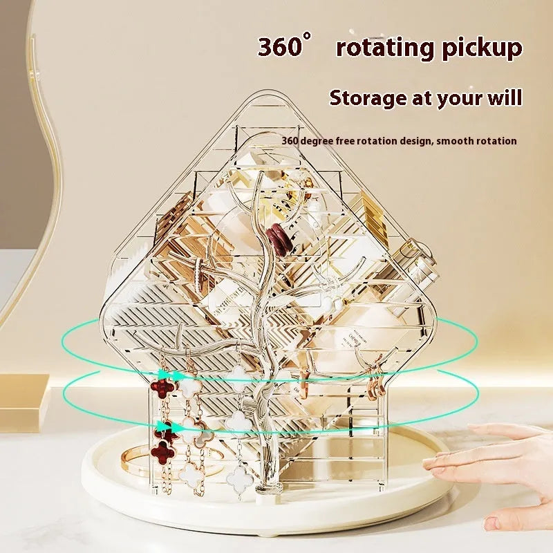 360 degree rotating cosmetics storage box in clear or amber gold plastic