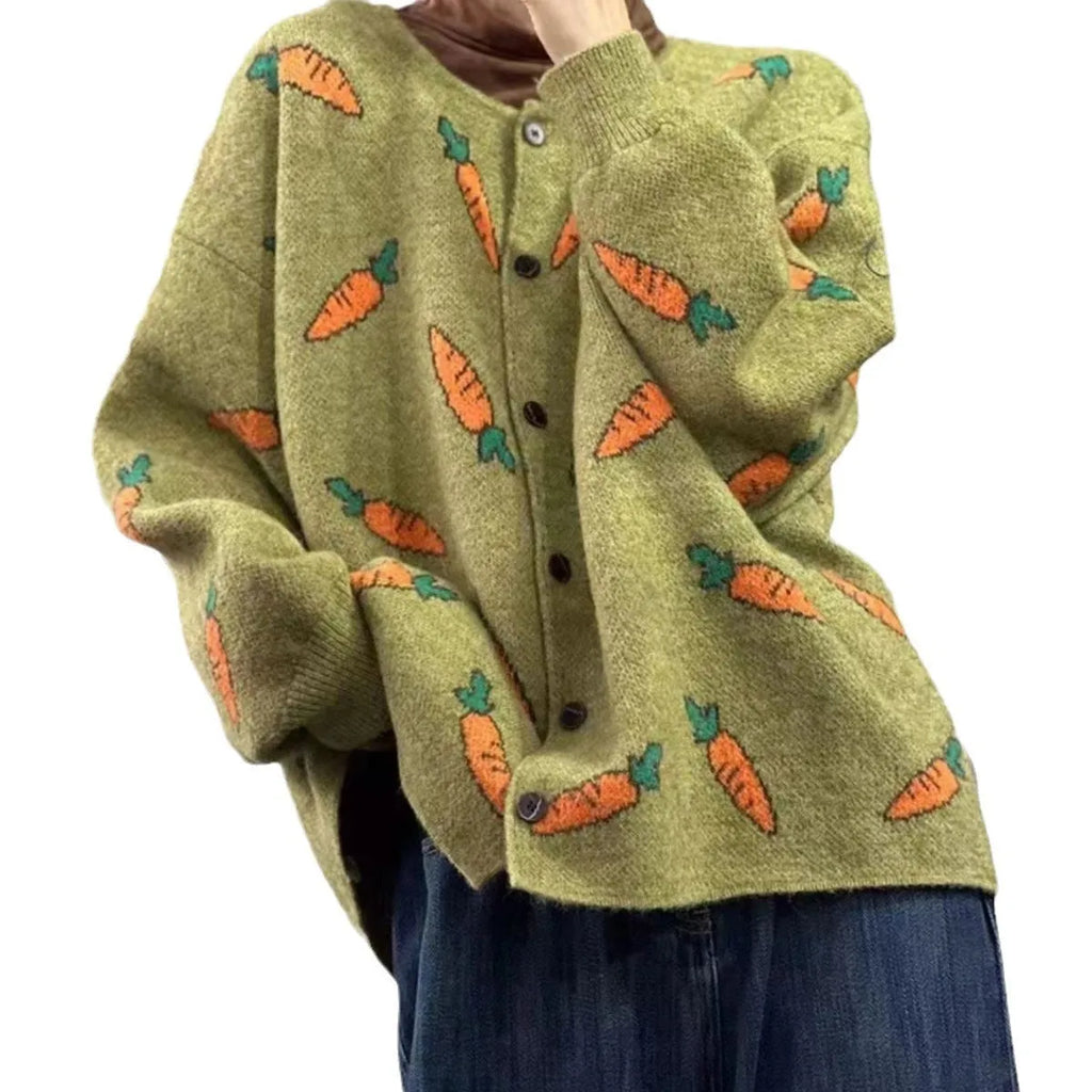 Round neck loose cardigan sweater with artistic colour contrast printing, made from viscose fibre.